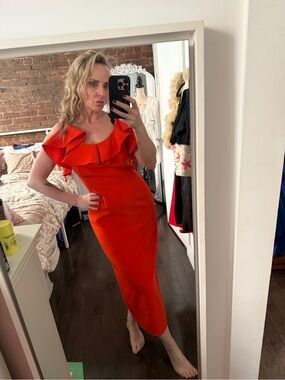 Milly red Scuba Ruffle-Detail Sample Midi Dress